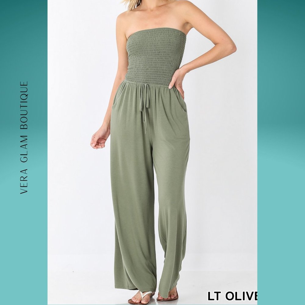 Zenana Light Olive  Tube Top Jumpsuit